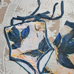 NWOT Blue and Gold Swim Set with Watercolor Design